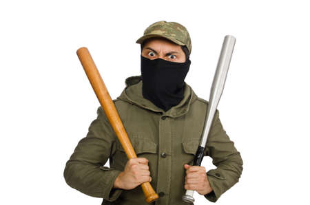 Funny man with baseball bat isolated on white