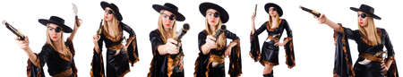 Woman pirate in various poses on white