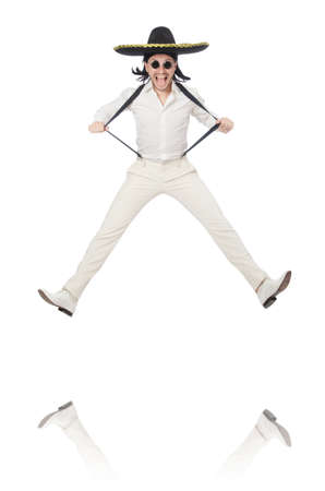 Man wearing mexican sombrero isolated on whiteの写真素材