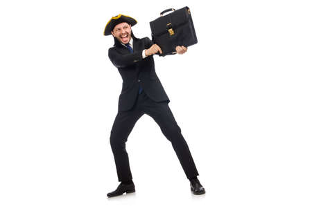 Businessman with tricorn and briefcase isolated on whiteの写真素材