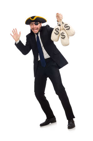 Pirate businessman holding money bags isolated on whiteの写真素材