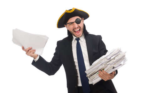 Pirate businessman holding papers isolated on whiteの写真素材