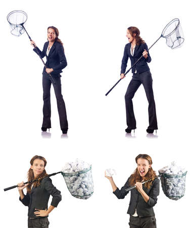 Woman with catching net and papersの写真素材