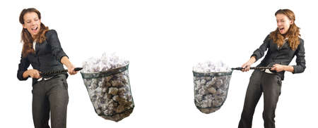 Woman with catching net and papersの写真素材