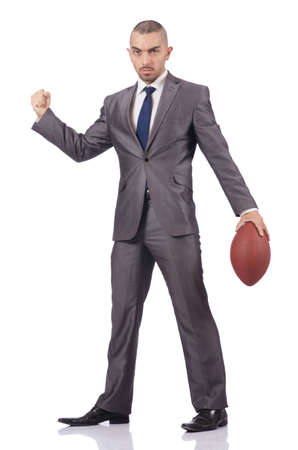 Man with american football ball isolated on whiteの写真素材