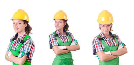 Woman builder isolated on the whiteの写真素材