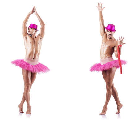 Man wearing ballet tutu isolated on whiteの写真素材