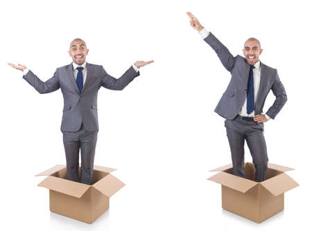 Collage of photos with man and boxesの写真素材