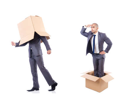 Collage of photos with man and boxesの写真素材