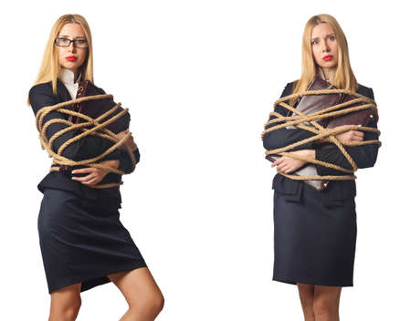 Woman tied up isolated on the white background