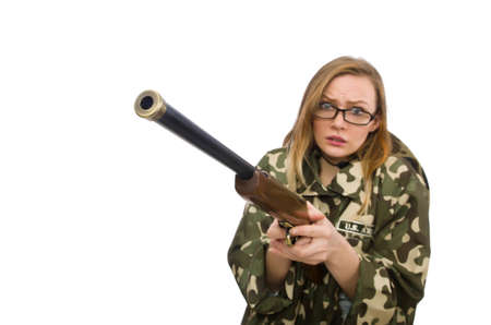 Girl in military uniform holding the gun isolated on whiteの写真素材