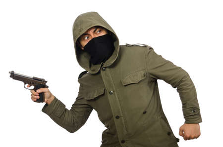 Masked man in criminal concept on white