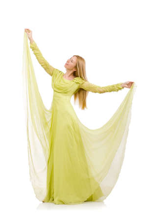 Young woman in elegant long green dress isolated on whiteの写真素材
