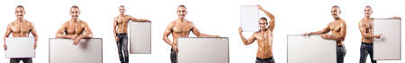 Man with blank poster on white