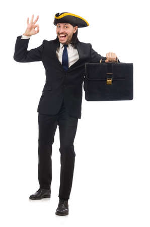 Businessman with tricorn and briefcase isolated on whiteの写真素材