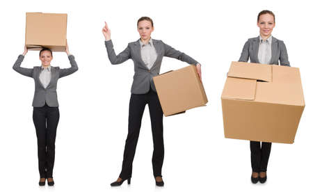 Composite image of woman with boxes on whiteの写真素材