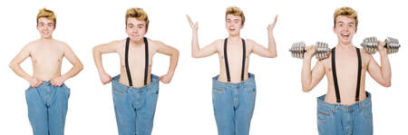 Funny man with trousers isolated on whiteの写真素材