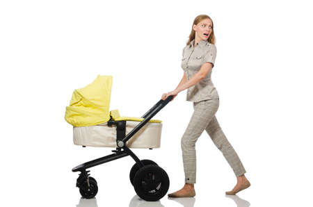 Woman with baby and pram isolated on white