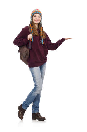 Smiling student with backpack isolated on whiteの写真素材