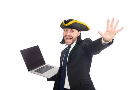 Pirate businessman holding laptop isolated on whiteの写真素材