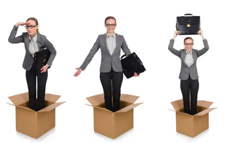 Composite image of woman with boxes on whiteの写真素材