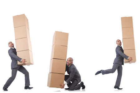 Collage of photos with man and boxesの写真素材