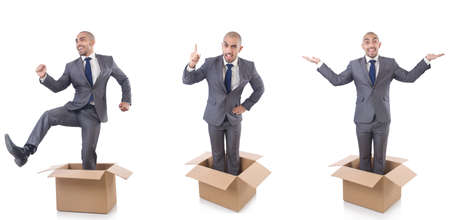 Collage of photos with man and boxesの写真素材