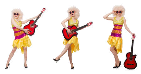 Young singer with afro cut and guitarの写真素材