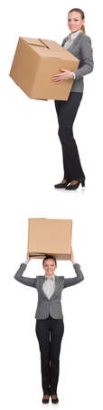 Composite image of woman with boxes on whiteの写真素材