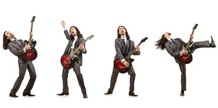 Funny guitar player isolated on whiteの写真素材