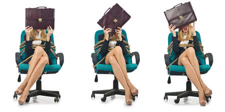 Businesswoman woman tied up with rope on whiteの写真素材