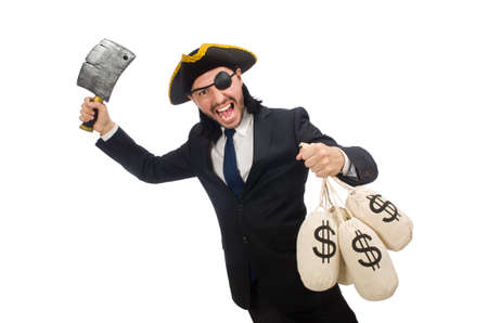 Pirate businessman holding money bags and butcher's knife isolated on whiteの写真素材
