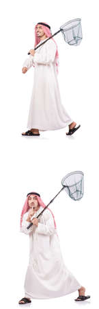 Arab man with catching net isolated on whiteの写真素材