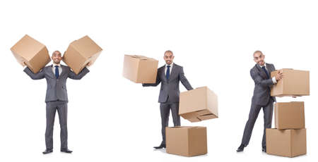 Collage of photos with man and boxesの写真素材