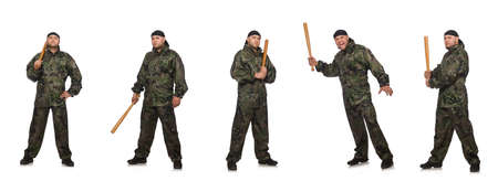 Soldier with baseball bat on white