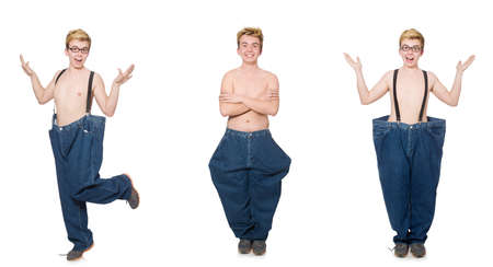 Funny man with trousers isolated on whiteの写真素材