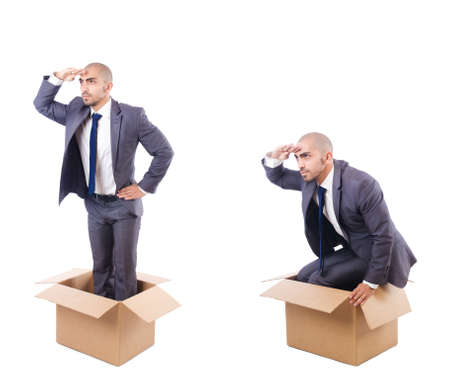 Collage of photos with man and boxesの写真素材