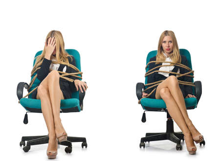 Businesswoman woman tied up with rope on whiteの写真素材