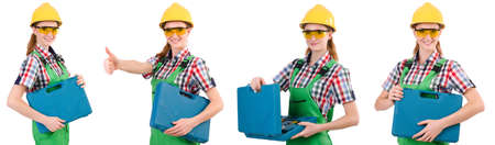 Woman in green coveralls isolated on whiteの写真素材