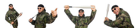 Soldier with baseball bat on white