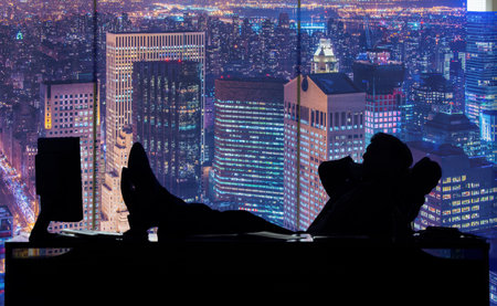 Businessman working in dark room at skyscraperの写真素材