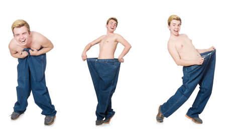 Funny man with trousers isolated on whiteの写真素材