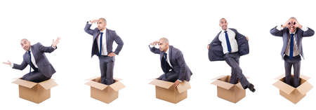 Collage of photos with man and boxesの写真素材