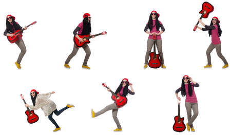 Hipste guitar player isolated on whiteの写真素材