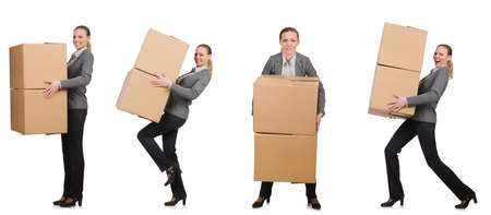 Composite image of woman with boxes on whiteの写真素材