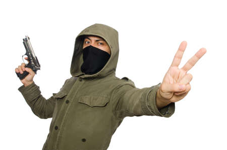 Masked man in criminal concept on white