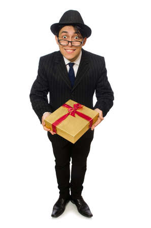 Funny man with giftbox on whiteの写真素材