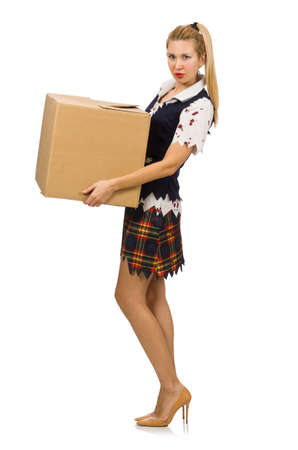 Woman with cardboard box isolated on whiteの写真素材