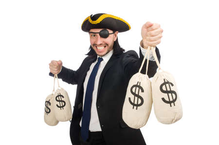 Pirate businessman holding money bags isolated on whiteの写真素材