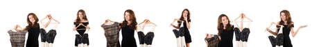 Young woman trying new clothing on whiteの写真素材